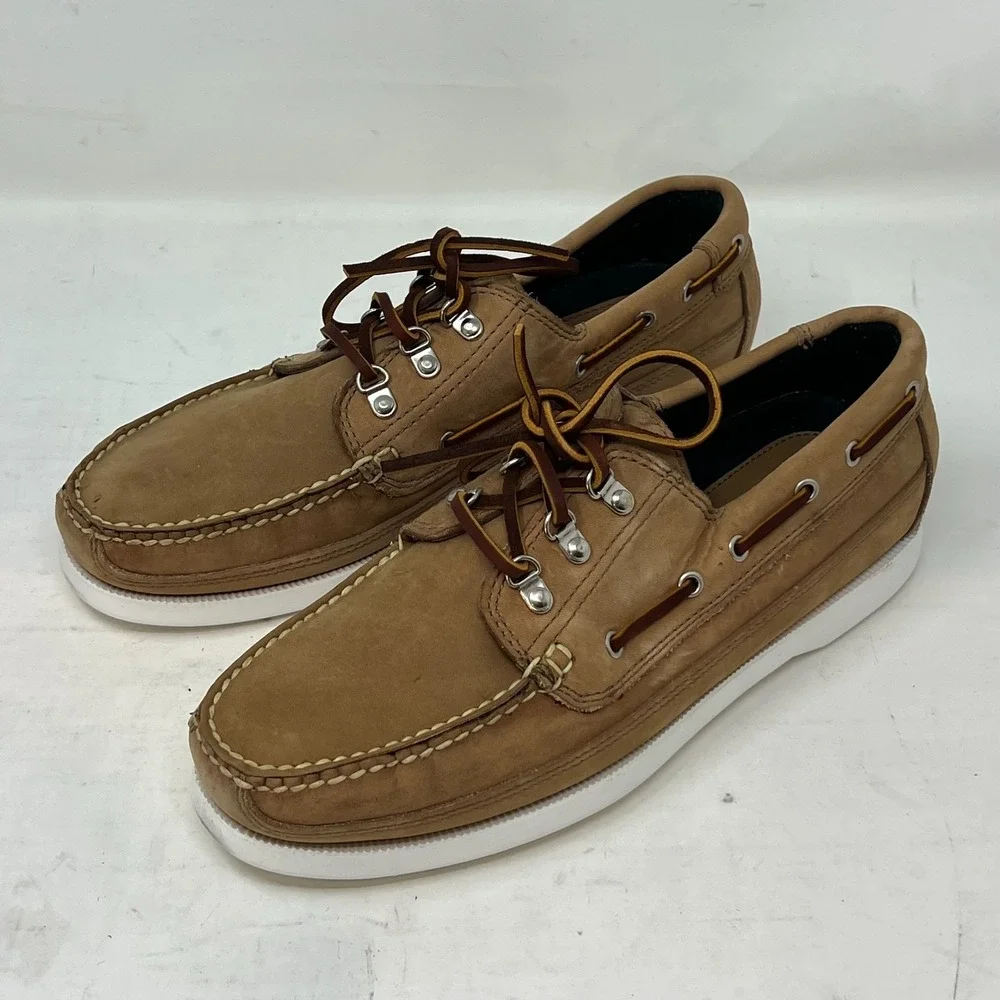 Polo Sport‎ Ralph Lauren Boat Shoes Tan Leather Moc Toe Beige Men's 10D VTG NEW